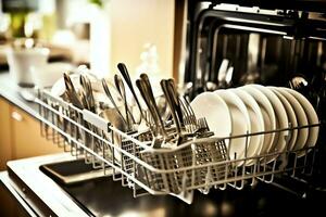 geopend vaatwasser machine in keuken kamer met vuil borden of schoon gerechten na het wassen binnen concept door ai gegenereerd foto