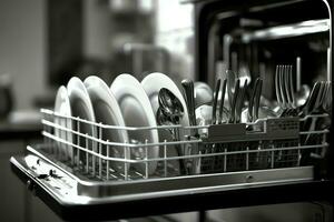 geopend vaatwasser machine in keuken kamer met vuil borden of schoon gerechten na het wassen binnen concept door ai gegenereerd foto