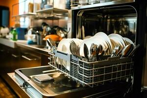 geopend vaatwasser machine in keuken kamer met vuil borden of schoon gerechten na het wassen binnen concept door ai gegenereerd foto