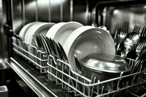 geopend vaatwasser machine in keuken kamer met vuil borden of schoon gerechten na het wassen binnen concept door ai gegenereerd foto