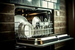 geopend vaatwasser machine in keuken kamer met vuil borden of schoon gerechten na het wassen binnen concept door ai gegenereerd foto