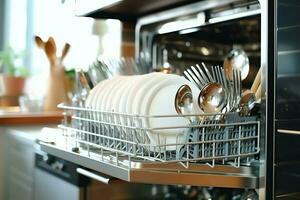 geopend vaatwasser machine in keuken kamer met vuil borden of schoon gerechten na het wassen binnen concept door ai gegenereerd foto