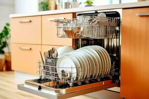 geopend vaatwasser machine in keuken kamer met vuil borden of schoon gerechten na het wassen binnen concept door ai gegenereerd foto