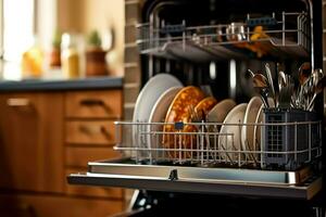 geopend vaatwasser machine in keuken kamer met vuil borden of schoon gerechten na het wassen binnen concept door ai gegenereerd foto