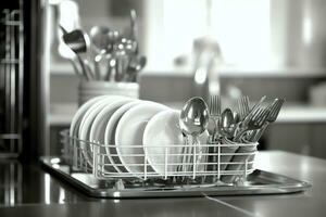 geopend vaatwasser machine in keuken kamer met vuil borden of schoon gerechten na het wassen binnen concept door ai gegenereerd foto