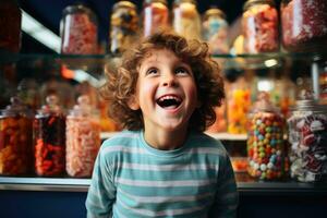 een gelukkig kind in een snoep winkel.ai generatief foto