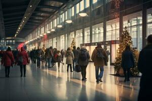 een bruisend luchthaven of trein station met reizigers rubriek huis voor kerstmis. generatief ai foto