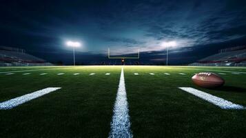 ai generatief 3d renderen van een Amerikaans Amerikaans voetbal veld- met lichten Bij nacht foto
