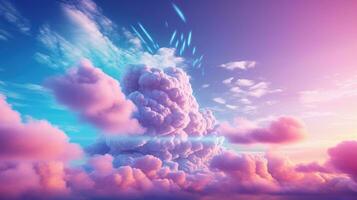 ai generatief 3d illustratie van fantasie cloudscape met zon stralen en regenboog kleuren foto