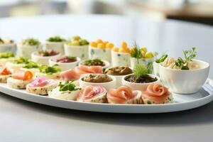 catering fingerfood presentatie luchtig wit keuken achtergrond met leeg ruimte voor tekst foto