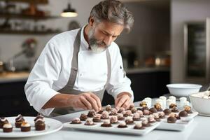 chef demonstreren geavanceerde suiker en chocola werk voor fingerfood in een stralend wit keuken foto