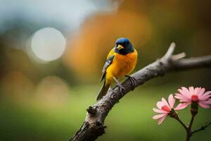 een kleurrijk vogel zit Aan een Afdeling met een roze bloem. ai-gegenereerd foto