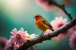 een klein vogel is neergestreken Aan een Afdeling met roze bloemen. ai-gegenereerd foto