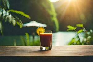 een glas van oranje sap Aan een houten tafel in voorkant van een meer. ai-gegenereerd foto