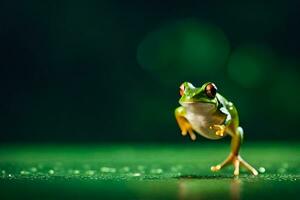 een kikker jumping Aan de grond met een groen achtergrond. ai-gegenereerd foto