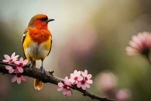 een kleurrijk vogel zit Aan een Afdeling met roze bloemen. ai-gegenereerd foto