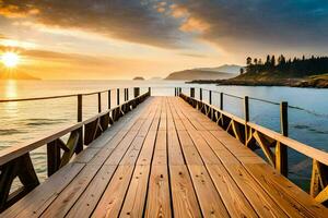 een houten pier strekt zich uit uit in de oceaan Bij zonsondergang. ai-gegenereerd foto