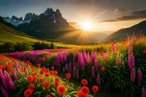 de zon stijgt over- een veld- van bloemen en bergen. ai-gegenereerd foto