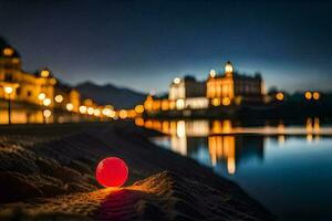 foto behang de nacht, stad, kasteel, meer, water, licht, de, stad,. ai-gegenereerd