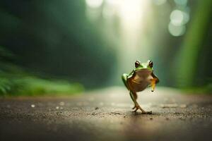 een kikker is wandelen Aan de weg in de Woud. ai-gegenereerd foto