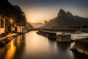 een rivier- Bij zonsondergang met bergen in de achtergrond. ai-gegenereerd foto