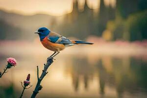 een blauw en oranje vogel is neergestreken Aan een Afdeling in de buurt een meer. ai-gegenereerd foto