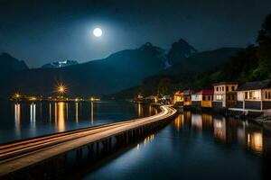 een maanlicht nacht tafereel met huizen Aan de water en bergen in de achtergrond. ai-gegenereerd foto