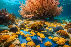 een onderwater- tafereel met koraal en zee anemonen. ai-gegenereerd foto