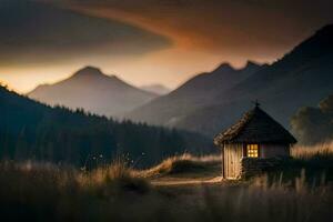 een klein hut in de midden- van een berg. ai-gegenereerd foto