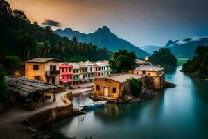 een rivier- in de bergen met huizen en boten. ai-gegenereerd foto