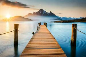 de zon stijgt over- de bergen en de pier in Patagonië. ai-gegenereerd foto