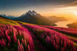 de zon stijgt over- de bergen en de lupine bloemen bloeien in de voorgrond. ai-gegenereerd foto