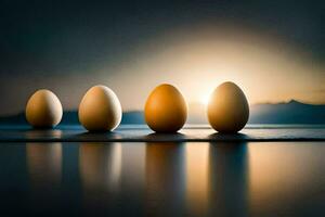 vier eieren zijn bekleed omhoog in een rij. ai-gegenereerd foto