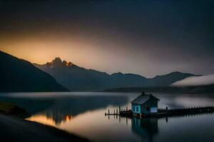 een klein huis zit Aan de kust van een meer Bij zonsondergang. ai-gegenereerd foto