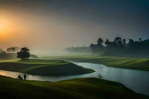 de zon stijgt over- een golf Cursus met water en bomen. ai-gegenereerd foto