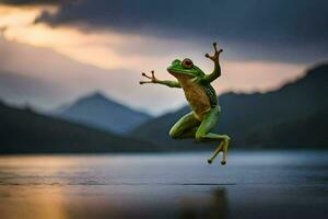 een kikker jumping in de lucht over- een meer. ai-gegenereerd foto