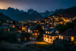 een stad- Bij nacht met bergen in de achtergrond. ai-gegenereerd foto