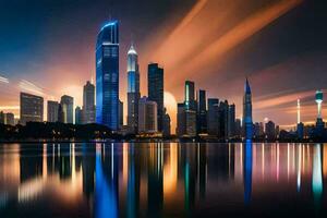 de stad horizon Bij nacht met lichten reflecterend uit de water. ai-gegenereerd foto