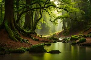 een stroom loopt door een Woud met bomen en rotsen. ai-gegenereerd foto