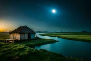 de maan stijgt over- een klein hut in de midden- van een rivier. ai-gegenereerd foto