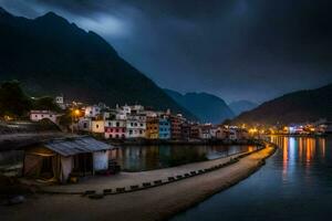 een stad- Aan de banken van een rivier- Bij nacht. ai-gegenereerd foto