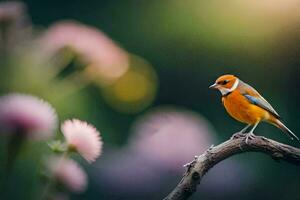 een klein oranje vogel is zittend Aan een Afdeling. ai-gegenereerd foto