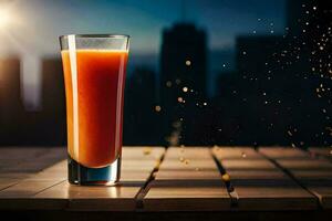 een glas van oranje sap Aan een tafel in voorkant van een stad horizon. ai-gegenereerd foto