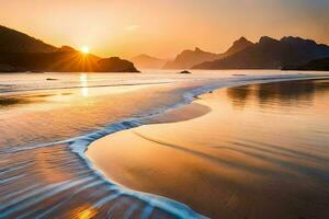 de zon stijgt over- de oceaan en golven Bij de strand. ai-gegenereerd foto