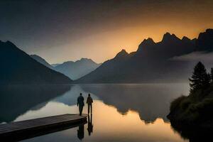 twee mensen staan Aan een dok Bij zonsondergang in de bergen. ai-gegenereerd foto