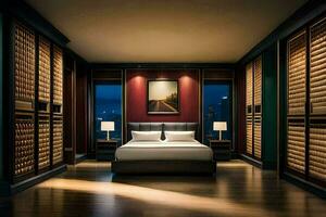 een slaapkamer met houten vloeren en een bed. ai-gegenereerd foto