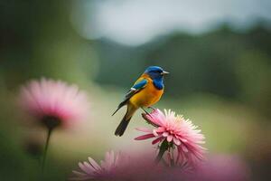 een blauw en oranje vogel neergestreken Aan top van roze bloemen. ai-gegenereerd foto
