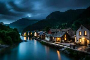 foto behang de lucht, bergen, rivier, huizen, nacht, rivier, huizen, dorp,. ai-gegenereerd