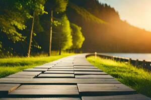 een houten pad Leidt naar een meer en bergen. ai-gegenereerd foto