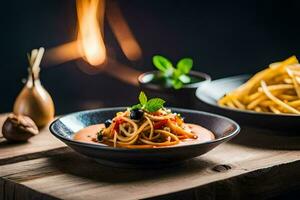 spaghetti met tomaat saus en zwart olijven in een schaal. ai-gegenereerd foto